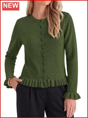 Ruffle Cardigan Sweater Button Down Crew Neck Knit Long Sleeve